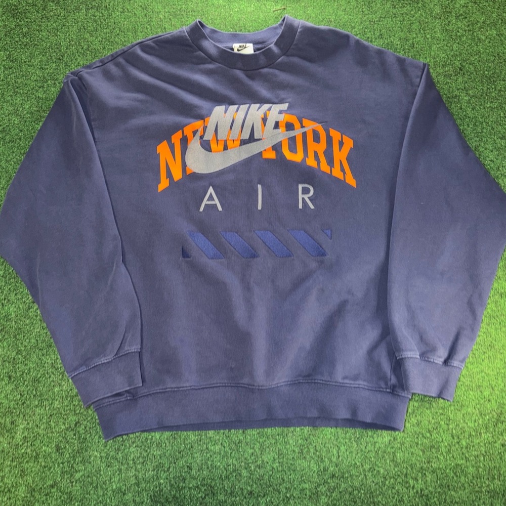 Nike Air New York Crewneck Sweatshirt Mens Medium Navy Blue Orange Swoosh Logo
